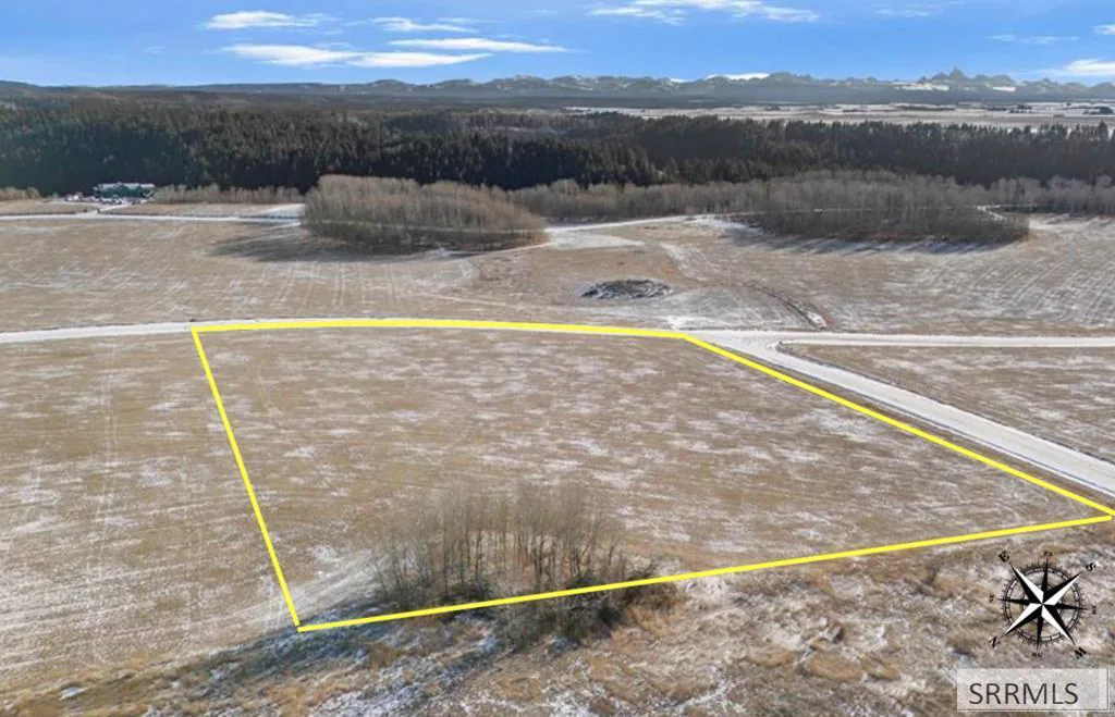 Aerial of the parcel from the south, distant Tetons across farmland.